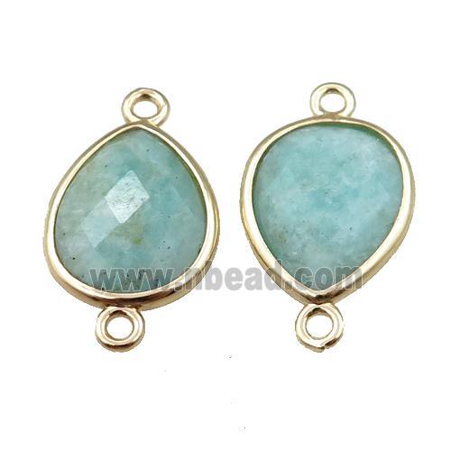 green Amazonite connector, faceted teardrop, gold plated