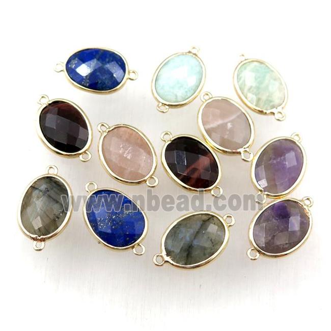 mixed Gemstone connector, faceted oval, gold plated
