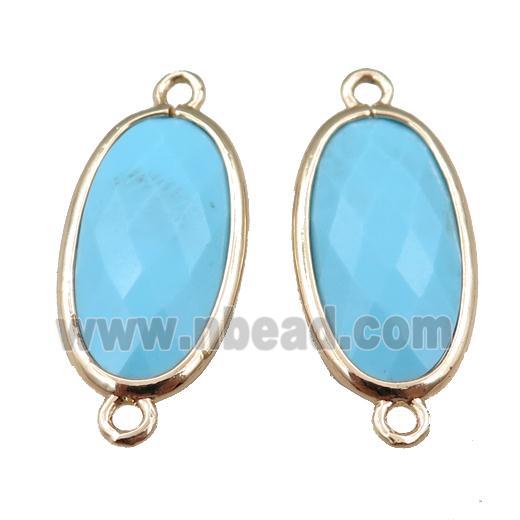 blue Turquoise connector, faceted oval, gold plated