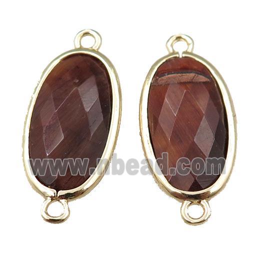 red Tiger eye stone connector, faceted oval, gold plated