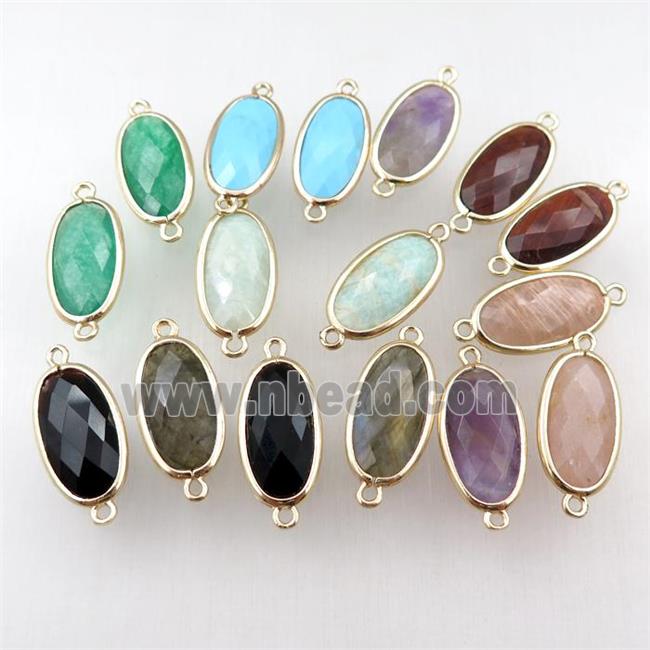 mixed Gemstone connector, faceted oval, gold plated
