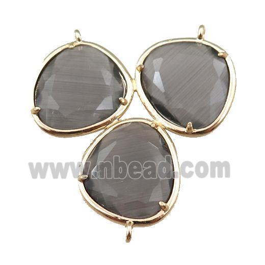 smoky cats eye stone connector with 3loops, gold plated