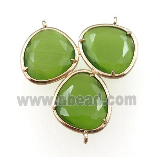 green cats eye stone connector with 3loops, gold plated