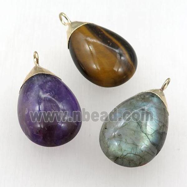 mixed Gemstone teardrop pendant, gold plated, smooth