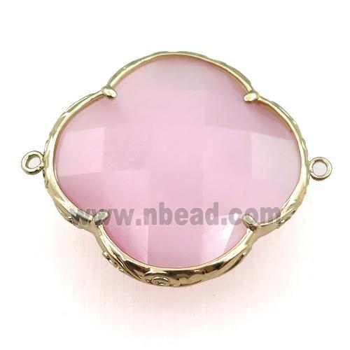 pink cats eye stone clover connector, faceted