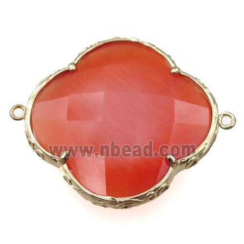 red cats eye stone clover connector, faceted