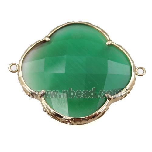 green cats eye stone clover connector, faceted
