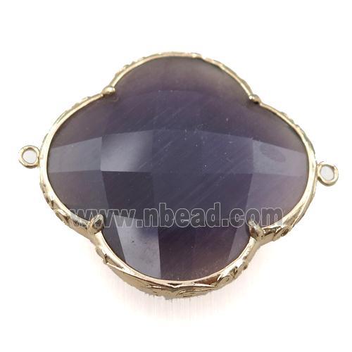 purple cats eye stone clover connector, faceted