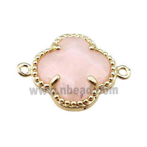 rose quartz connector, faceted clover, gold plated