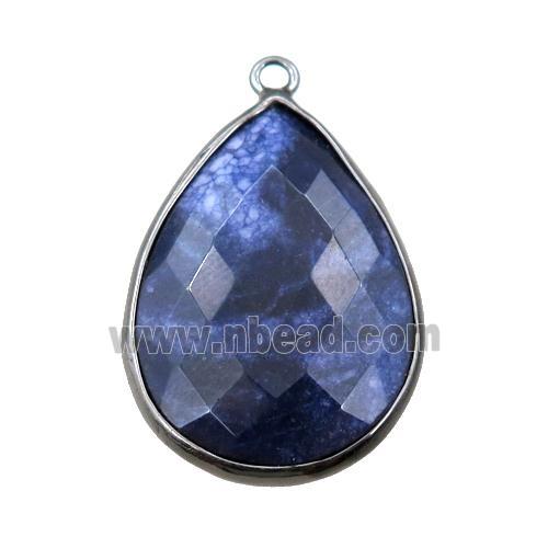 blue Sodalite pendant, faceted teardrop, black plated
