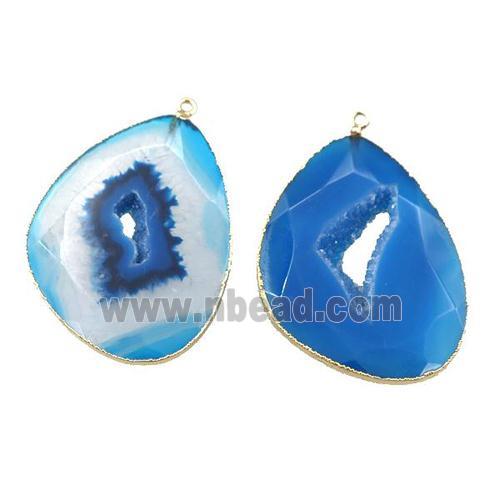blue Agate druzy geode slab pendant, freeform, gold plated