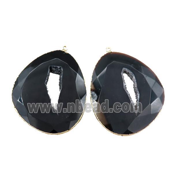 black Agate druzy geode slab pendant, freeform, gold plated