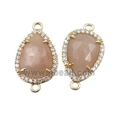 peach moonstone connector pave rhinestone, faceted teardrop