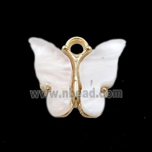 white pearlized Glass butterfly pendant, gold plated