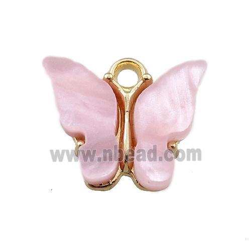 pink pearlized Glass butterfly pendant, gold plated