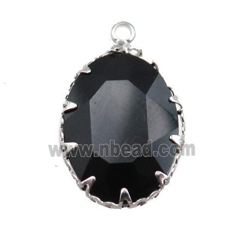 black crystal glass oval pendant, platinum plated