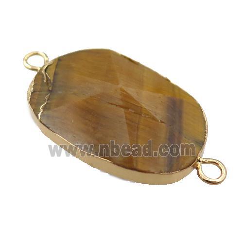 Tiger eye stone oval connector, point, gold plated
