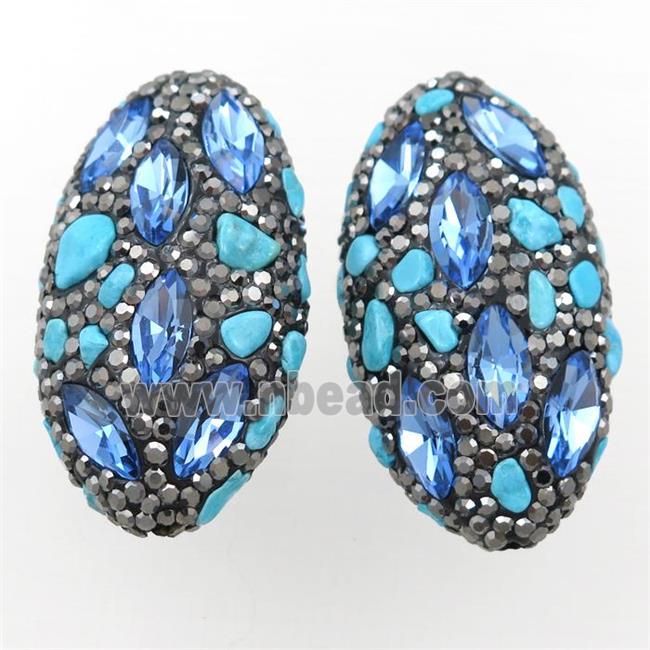 Clay oval beads paved rhinestone with turquoise