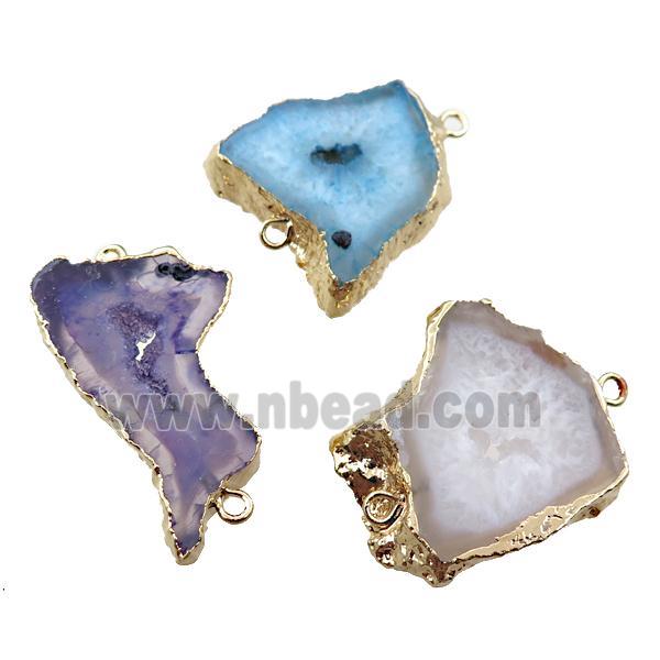agate druzy slab connector, mixed color, gold plated