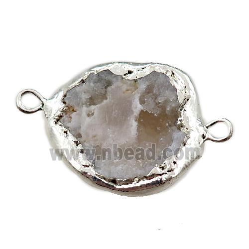 white agate druzy geode connector, freeform, silver plated