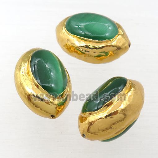 green Cat Eye Glass barrel beads, gold plated