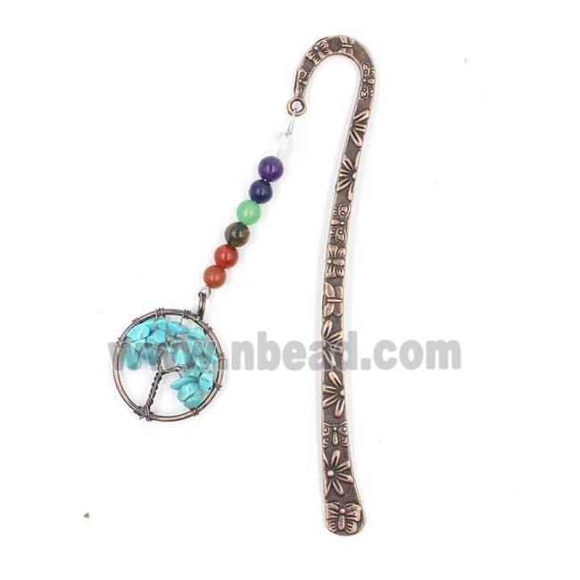 Zinc bookmark charm with tree of life, gemstone chakra, turquoise, antique red