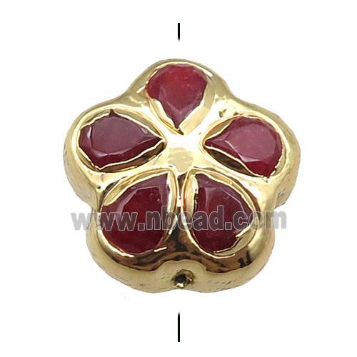 red jade flower beads, gold plated