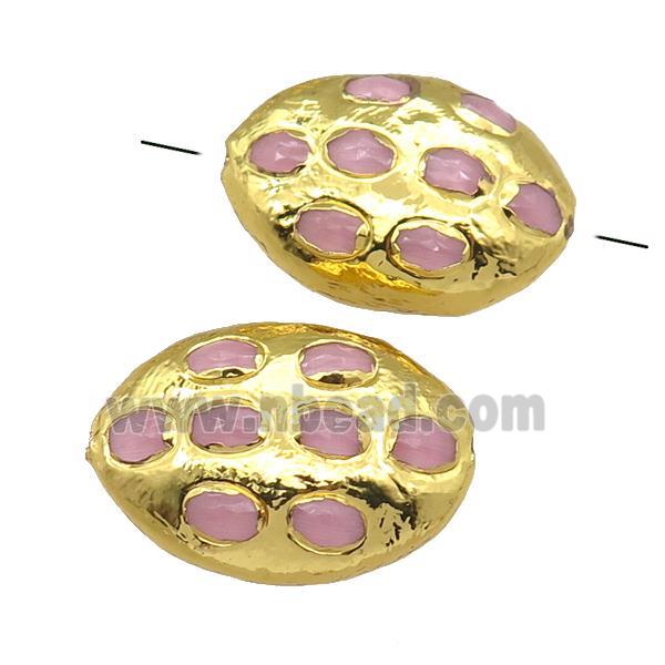 pink jade oval beads, gold plated