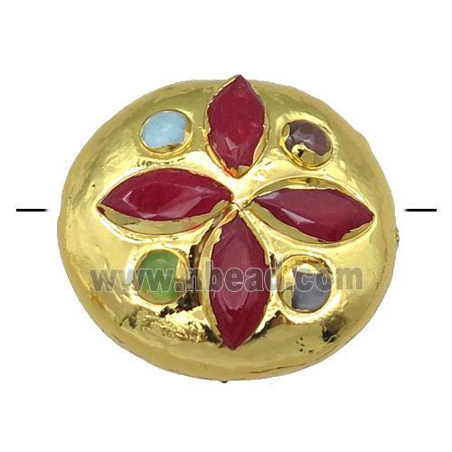 red jade circle button beads, gold plated