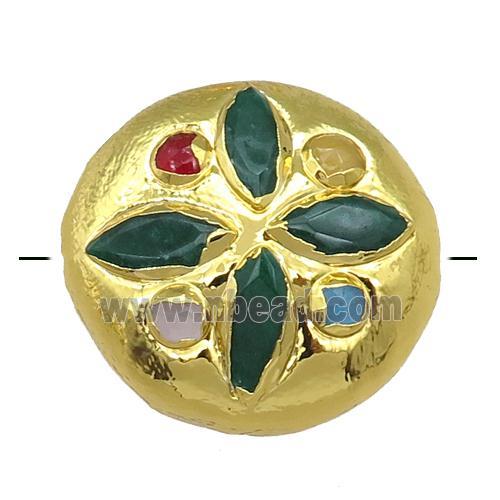 green jade circle button beads, gold plated