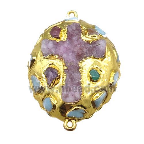 agate druzy oval connector, cross, gold plated
