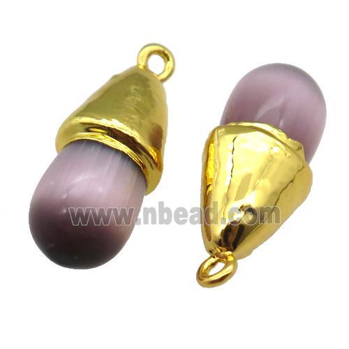 purple Cat eye stone pendant, teardrop, gold plated