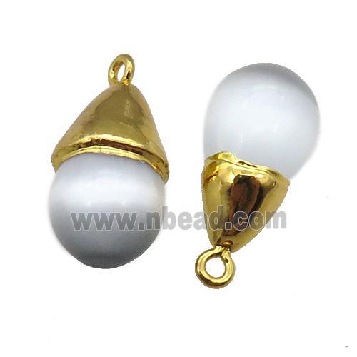 white Cat eye stone pendant, teardrop, gold plated