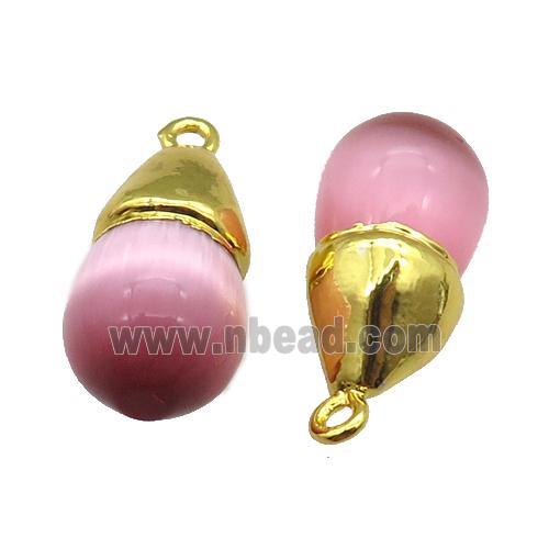 pink Cat eye stone pendant, teardrop, gold plated