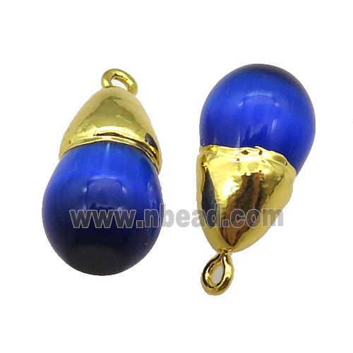 blue Cat eye stone pendant, teardrop, gold plated