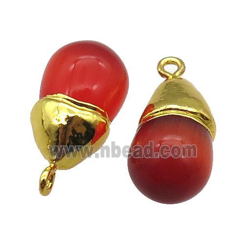 red Cat eye stone pendant, teardrop, gold plated