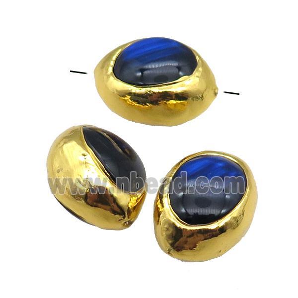 blue Cat Eye Glass barrel beads, gold plated