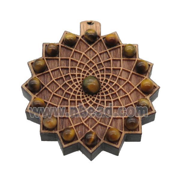 wood pendant paved tiger eye stone