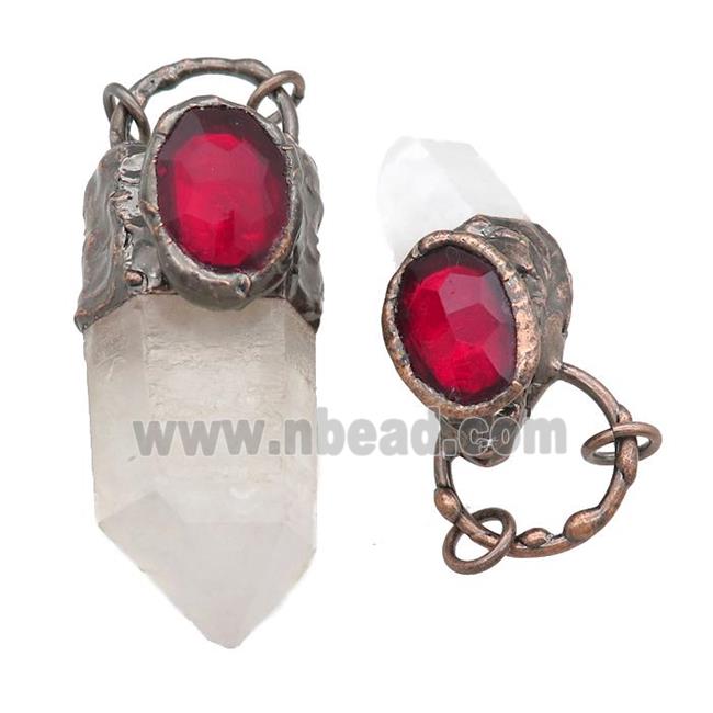 Crystal Quartz stick pendant with Ruby Glass, antique red