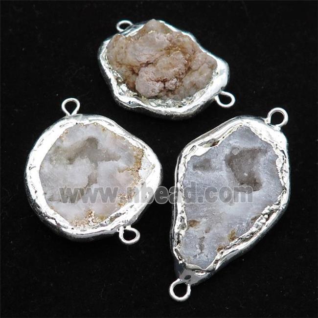 white Agate Druzy Geode connector, freeform, silver plated