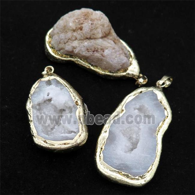 white Agate Druzy Geode pendant, freeform, gold plated