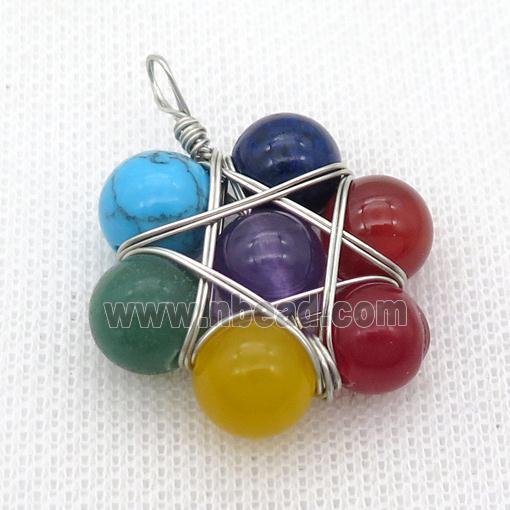 mix gemstone chakra circle pendant, yoga, multicolor, wire wrapped