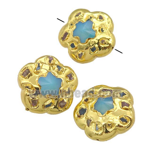 white Opalite flower beads, gold plated