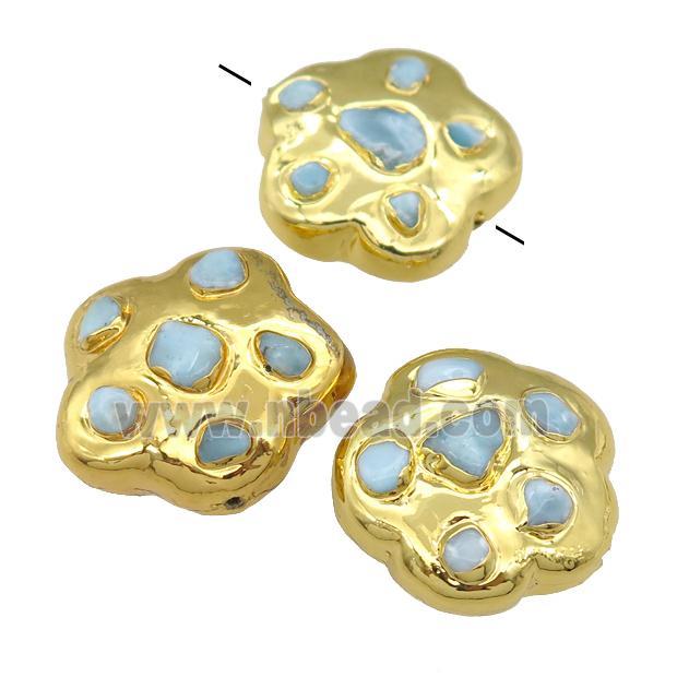 Larimar flower beads, gold plated