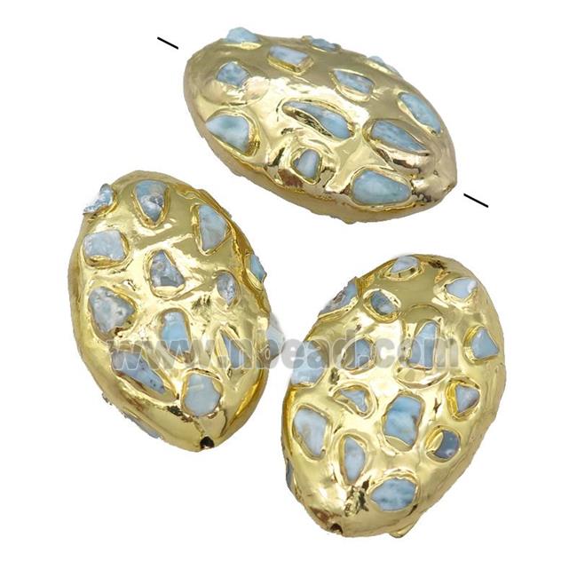Larimar oval beads, gold plated