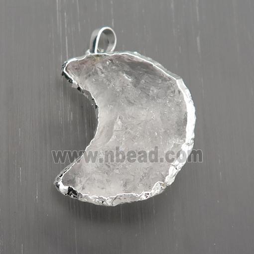 Clear Quartz moon pendant, hammered, silver plated