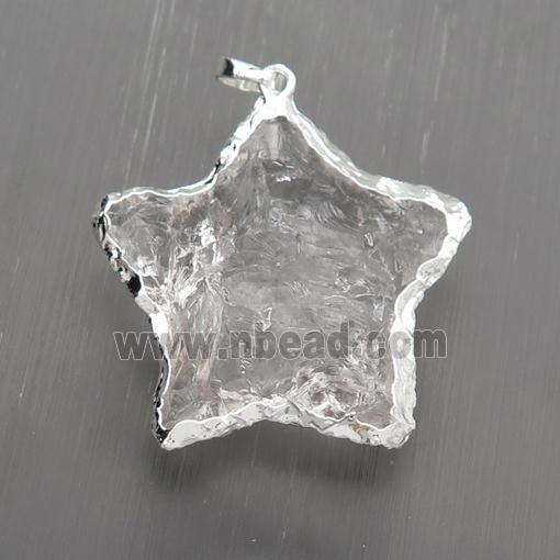 Clear Quartz star pendant, hammered, silver plated