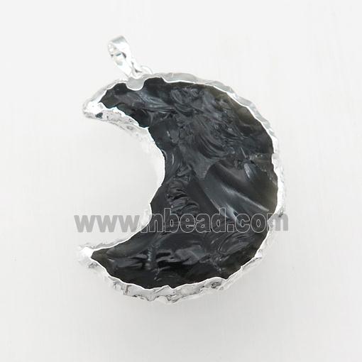 black Obsidian moon pendant, hammered, silver plated