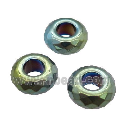Hematite Beads with large hole, faceted rondelle, green plated