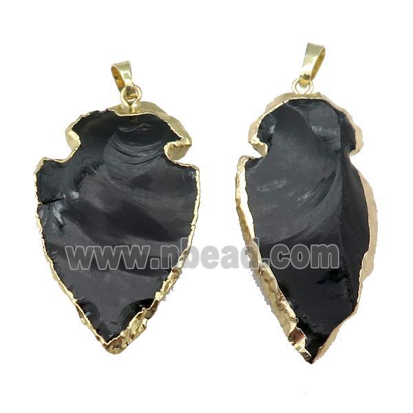 black Obsidian arrowhead pendant, hammered, gold plated